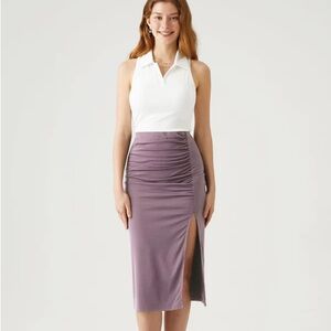 85OGL.- Ruching Slit Midi Skirt - Taro Purple